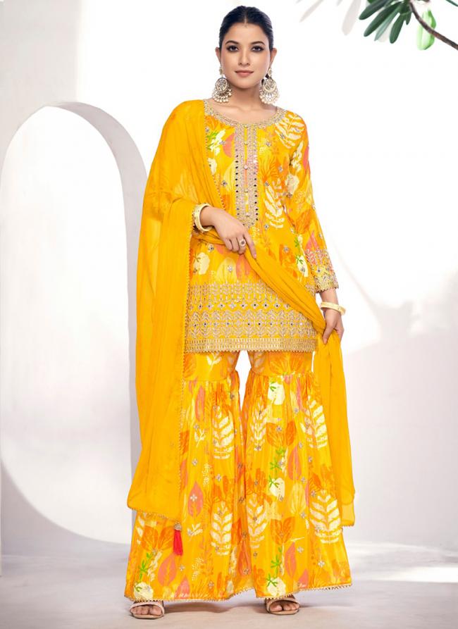 Chinnon Yellow Party Wear Digital Printed Readymade Sharara Suit